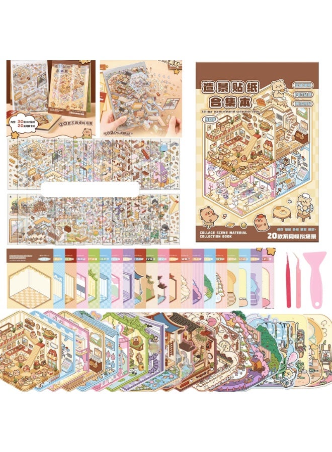 دايتويز مجموعة ملصقات ثلاثية الأبعاد مكونة من 20 قطعة، ملصقات مناظر طبيعية علاجية للكبار، كتاب ملصقات ثلاثية الأبعاد لمنزل متساوي القياس نابض بالحياة، ملصقات كرتونية لطيفة وممتعة، مشاهد مصغرة لتخفيف التوتر - Image 1